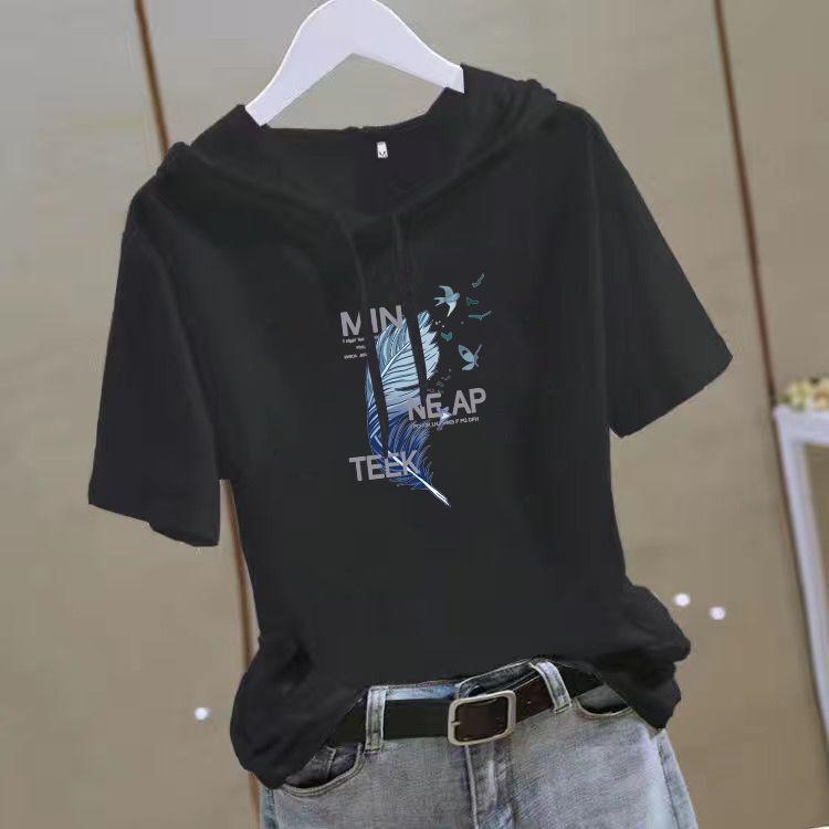 Women's Short Sleeve Hooded T Shirt Loose Fit Summer Casual Slimming Youthful White Top