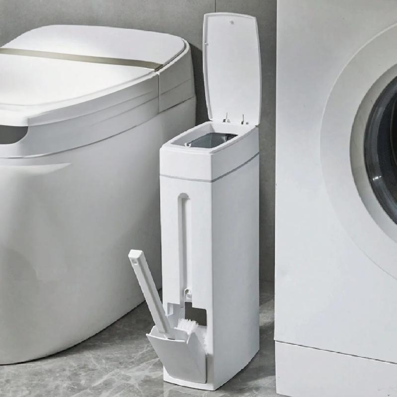 Ультратонкое мусорное ведро для ванной комнаты, крышка с нажатием, бесшумное закрывание, встроенный держатель для туалетной щетки, пластиковая корзина для мусора для узких мест, вместимость 4,5 л, органайзер для ванной комнаты