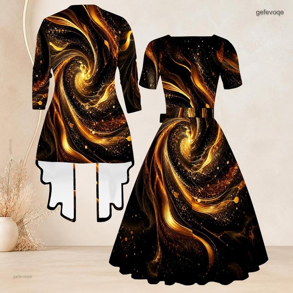 Women Plus Size Two Piece Set Dark Teal Black Gold Printed Square Neck Short Sleeve Belted Flare Dress And 3 4 Sleeve Cardigan