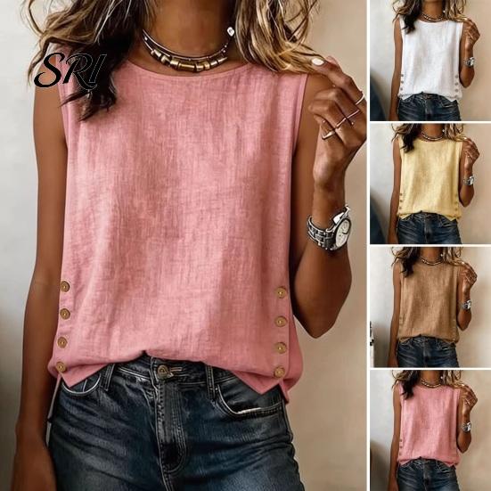 Lightweight Breathable Shirt Summer Tops for Women, Round Neck Sleeveless Pullover Tops, Pure Color Stretchy Loose Fit Regular Vest Work Party