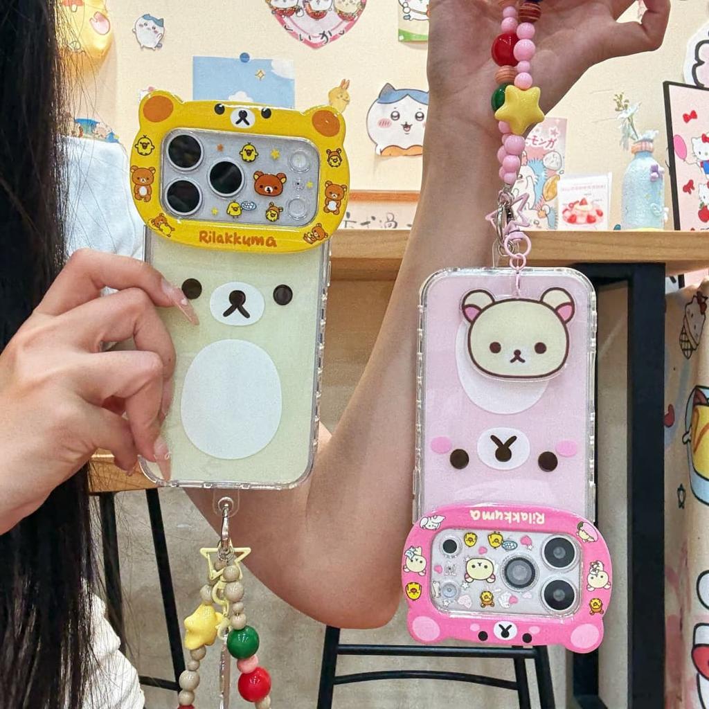 Милый мультяшный чехол для телефона Rilakkuma с изображением головы большого медведя для iPhone 17 17Pro 17Promax 16 15 14 Pro Max 16pro с подвеской-браслетом