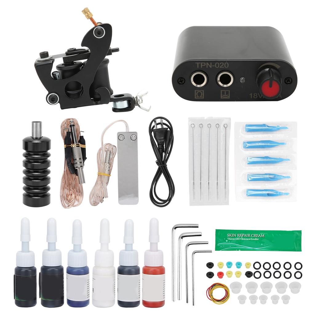 Complete Starter Tattoo Kit Professional Tattoo Beginner Kit with 6 Tattoo Inks Power Supply