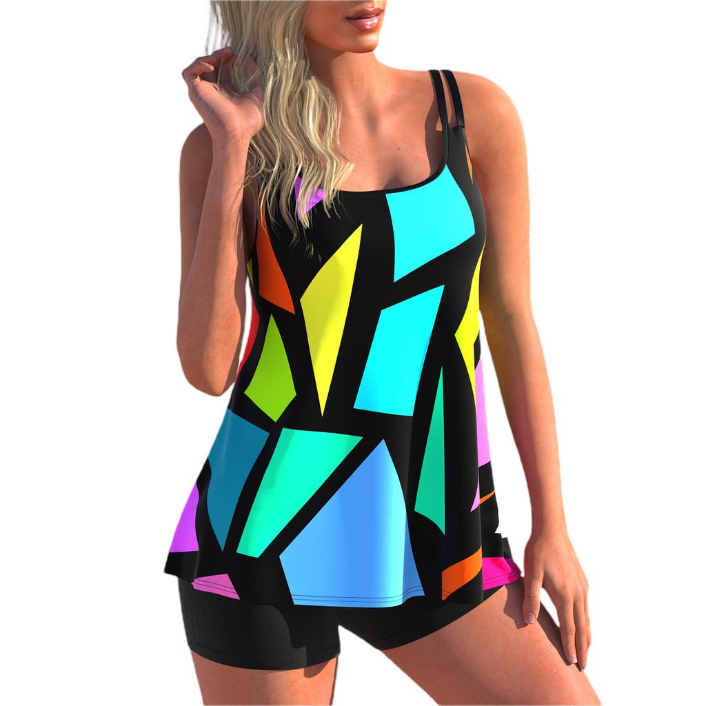 Women Swim Shirt + Shorts, Geometry/Rainbow/Butterfly Print Swimming Tops Swimwear Short Trousers Suit
