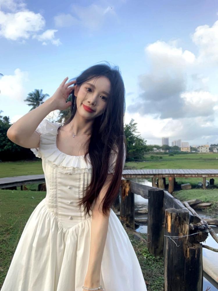 Белое милое элегантное короткое вечернее платье, женское повседневное корейское модное платье с коротким рукавом, кавайное кружевное платье, новинка лета 2024 года