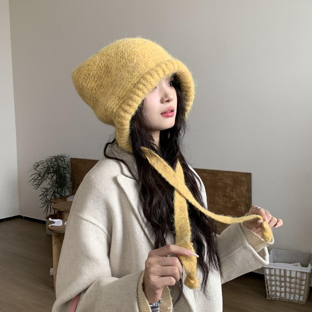 Strap Windproof Rope Knitted Hat Ear Protection Wool Balaclava Hat Cute Pullover Hat  Women