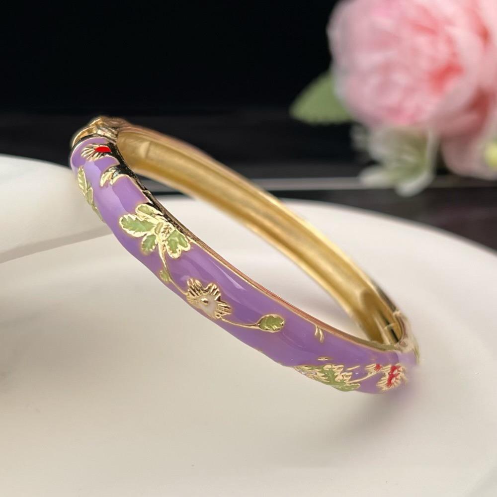 Enamel Peony Filigree Flower Bangle Traditional Women's Hand Bracelet Gifts for Women Girl