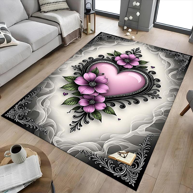 1PC Heart Flowers Non-Slip Floor Carpet Compatible for Office&Living Room&Dining room - Flat-Weave Machine- Soft & Pattern-E302