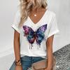 Summer Women T-shirt Butterfly Pattern V-Neck Tops Tees Female Fashion Trend Short Sleeve Clothing Ladies Daily Casual Outfit
