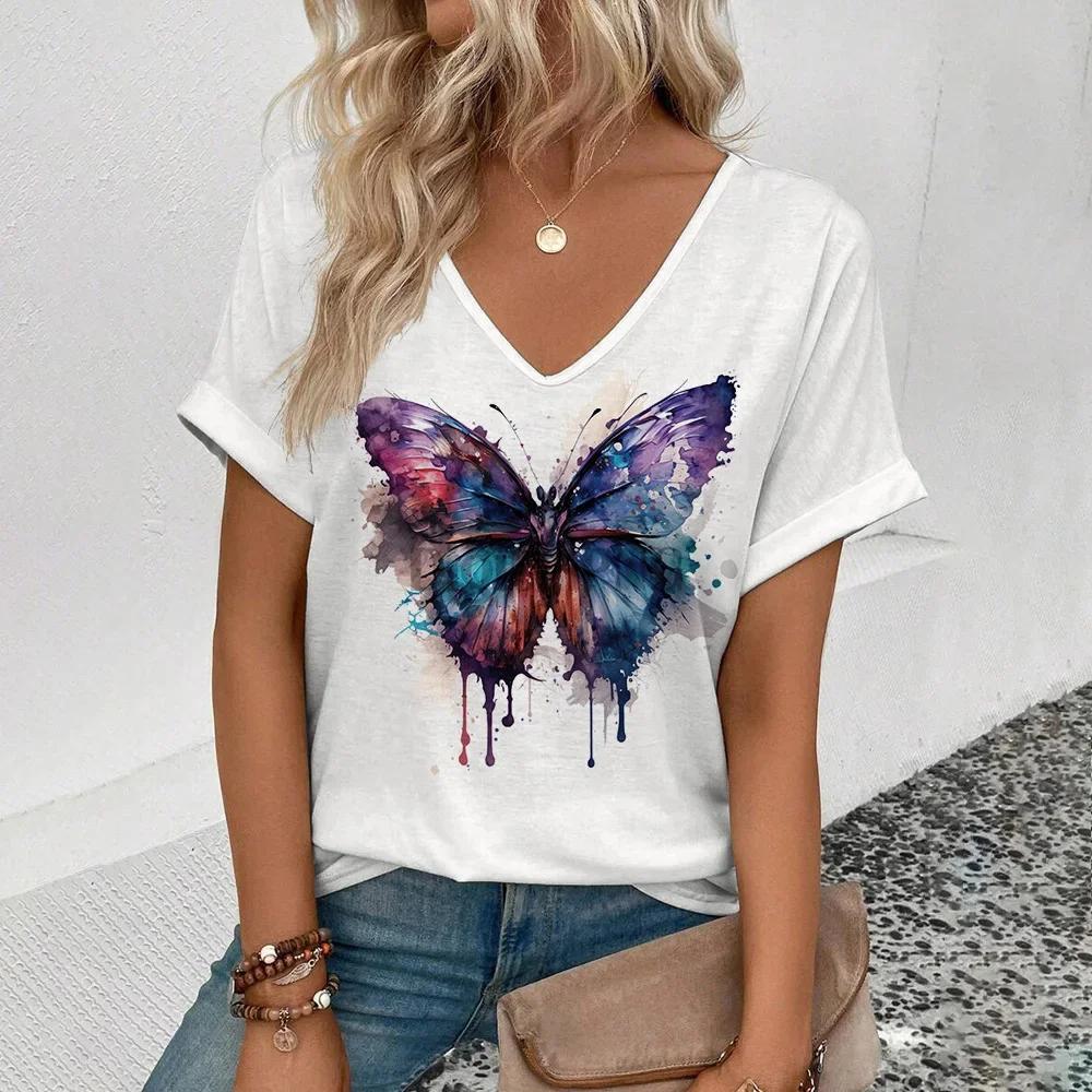 Summer Women T-shirt Butterfly Pattern V-Neck Tops Tees Female Fashion Trend Short Sleeve Clothing Ladies Daily Casual Outfit