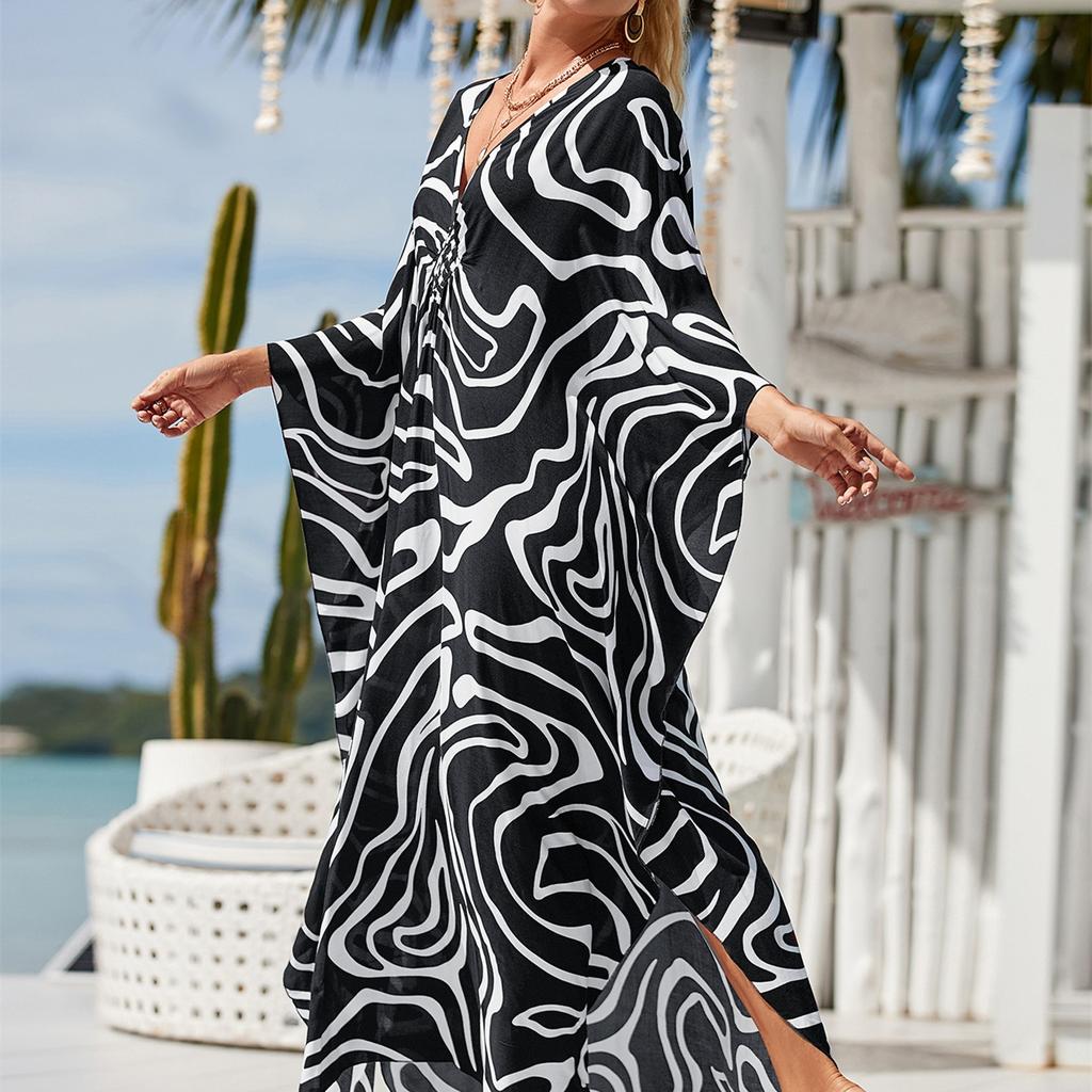 YYFS Женская мода отпуск лето весна геометрический принт с длинным рукавом V-образным вырезом повседневные платья
