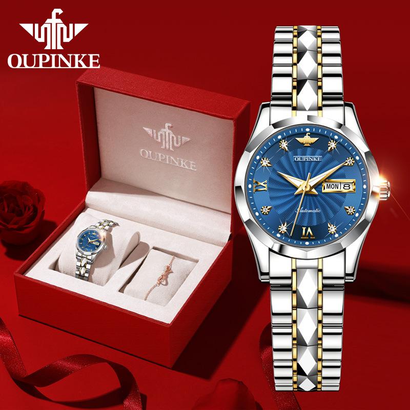 OUPINKE Часы из вольфрамовой стали с бриллиантами, водонепроницаемые автоматические механические часы, женские часы