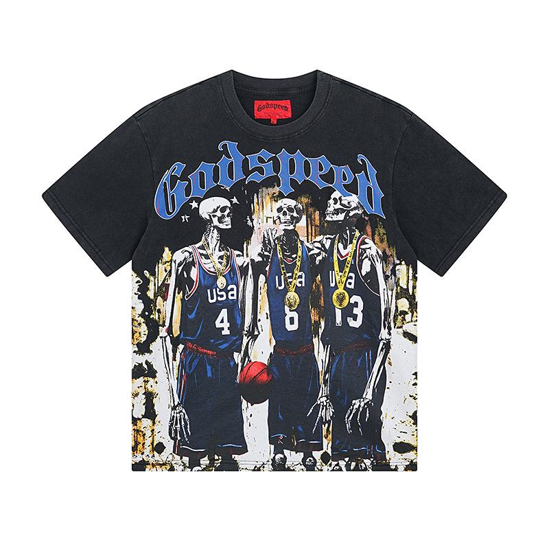 Cross-border trendy brand GS Skull Band Alphabet Printing Washing Water Short Sleeve Loose T-Shirt Men's and Women's High Street Retro Half Sleeve