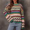 Fashion Women's Round Neck Stitching Sweater Loose Rainbow Stripe Long Sleeve Sweater Top