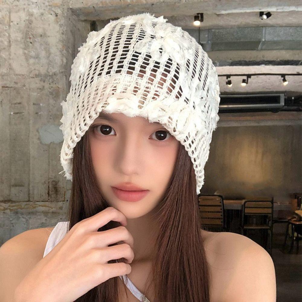 Hollow Out Crochet Flower Hat Cute Weave Cap Sweet Flower Knitted Hat Apparel Accessories