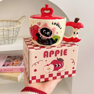 Подарок на день рождения Кружка Apple Cat с крышкой Керамическая чашка Завтрак Дом Милая Креативная чашка для питья Рождество