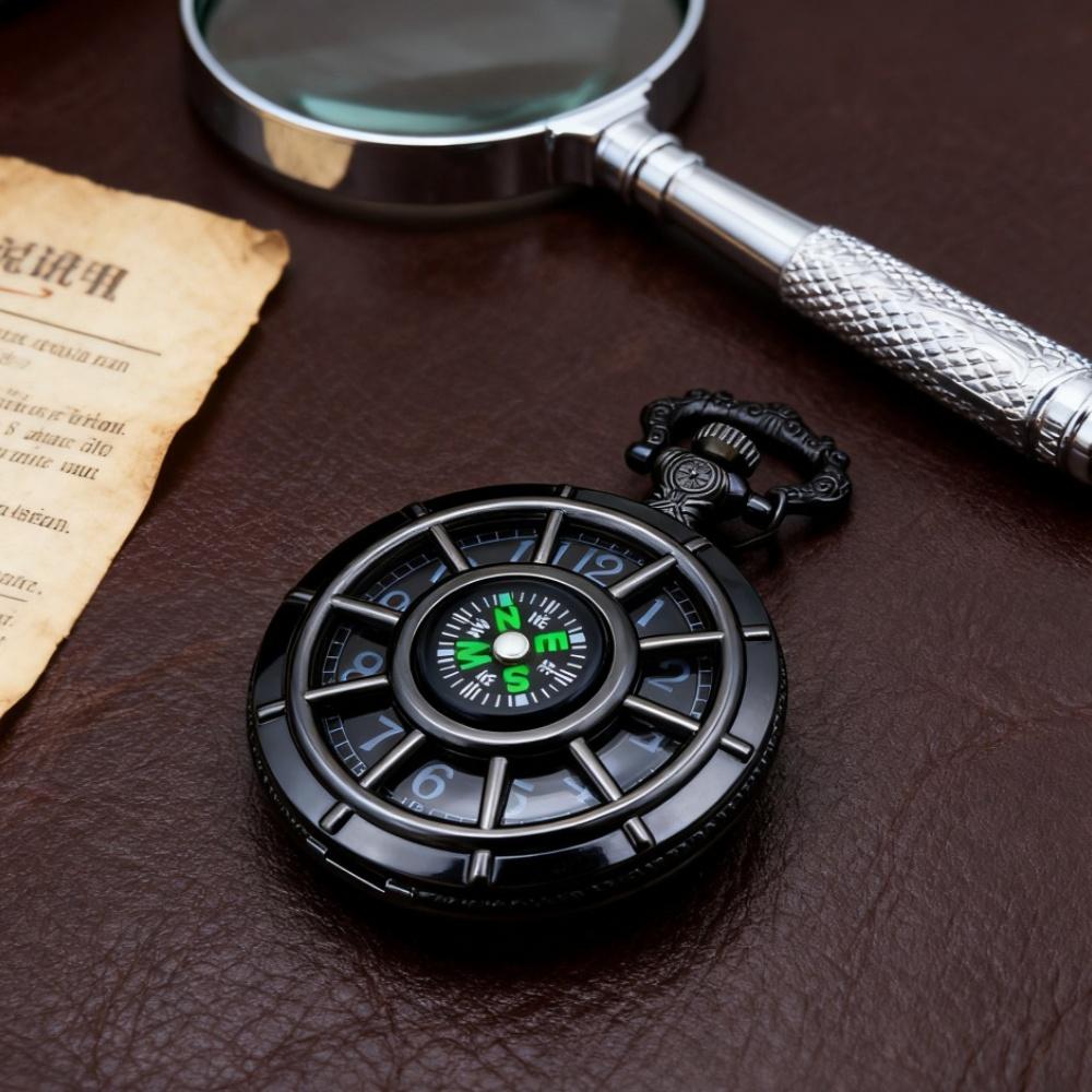 Men's Retro Multifunctional Pocket Watch,Quartz Compass Gift Pocket Watch,Black Starry Sky Dial with Chain.
