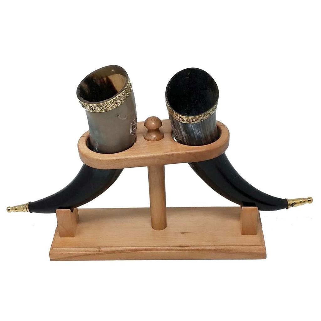 Viking Drinking Handmade Natural OX Horn Cup for Ale, Beer, Mead, Wine | 12 Inch | 100% Leak Free | with Beautiful Wooden Stand (Set of 2)