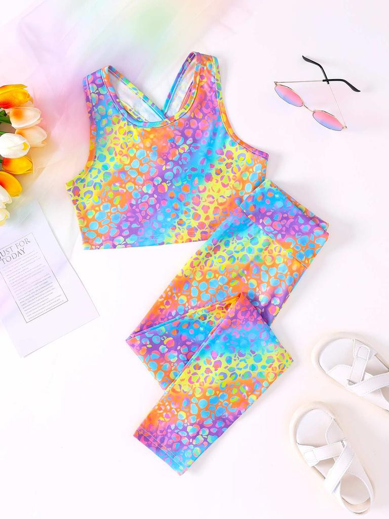 Girls Athletic Leggings Yoga Pants Sleeveless Crop Tank Tops Outfit for Kids Workout Cheer Dance Run 7-14 Years