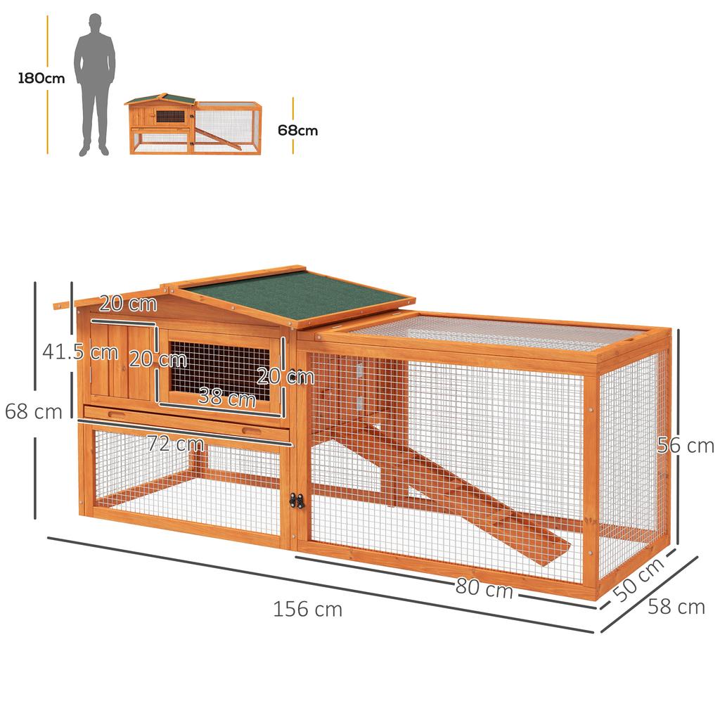 Rabbit Hutch With Run Wooden Guinea Pig Hutch Outdoor Bunny Cage Hide House With Sliding Tray Hay Rack Ramp 156 X 58 X 68cm Orange
