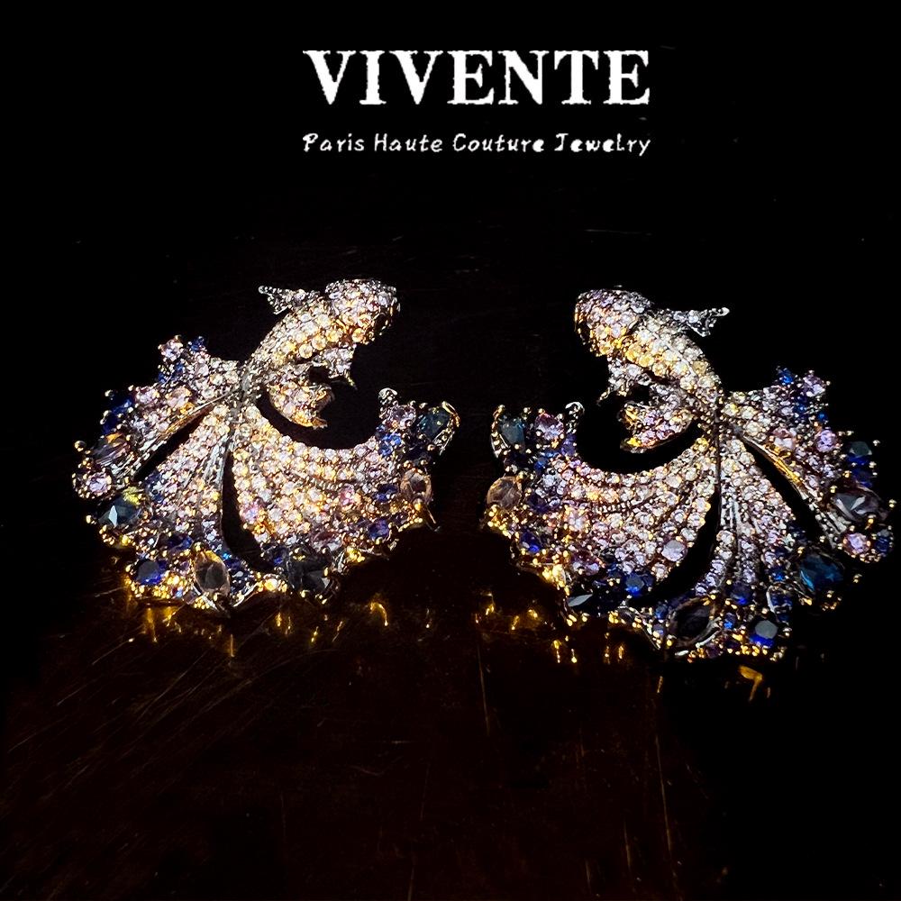 Серьги «Синий кит»: Родированное серебро S925 с цирконом, Высококлассный подиумный стиль