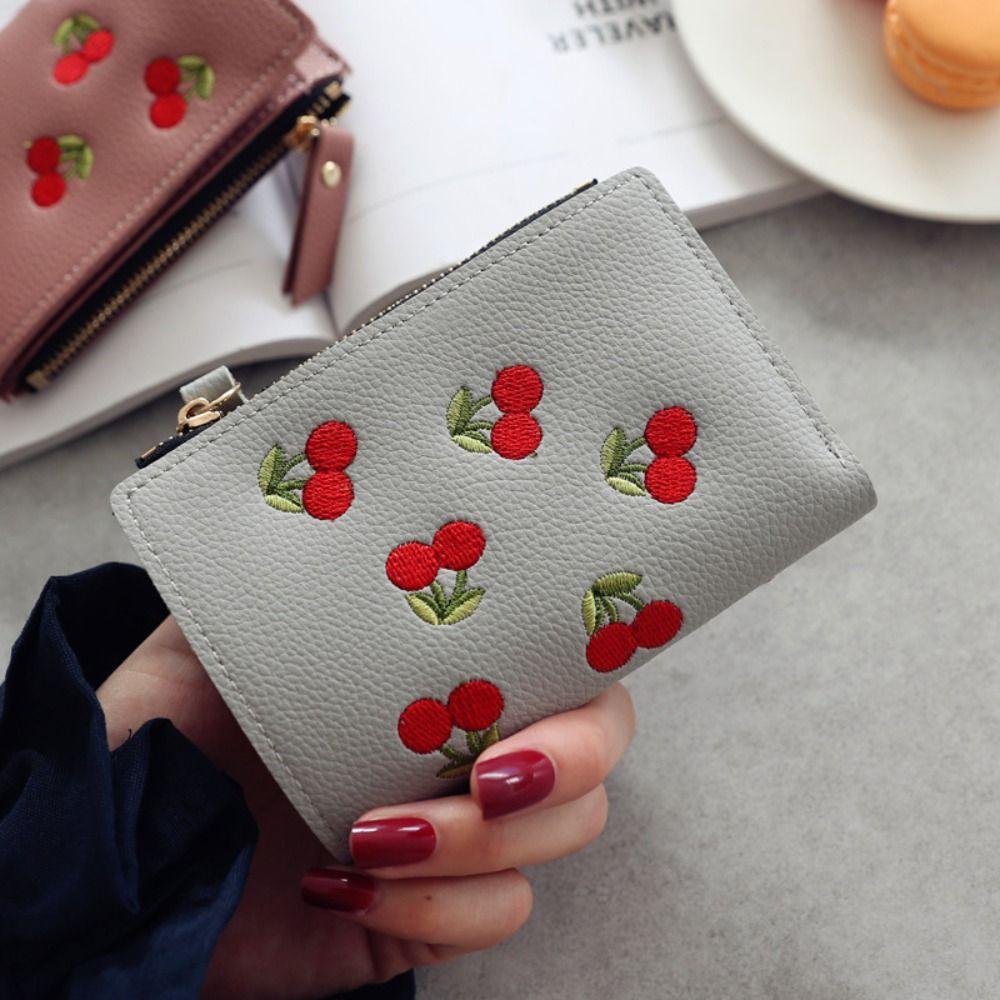 PU Leather Retro Cherry Wallets Card Bag Zipper Change Bag Fashion Short Clutch Bag Women