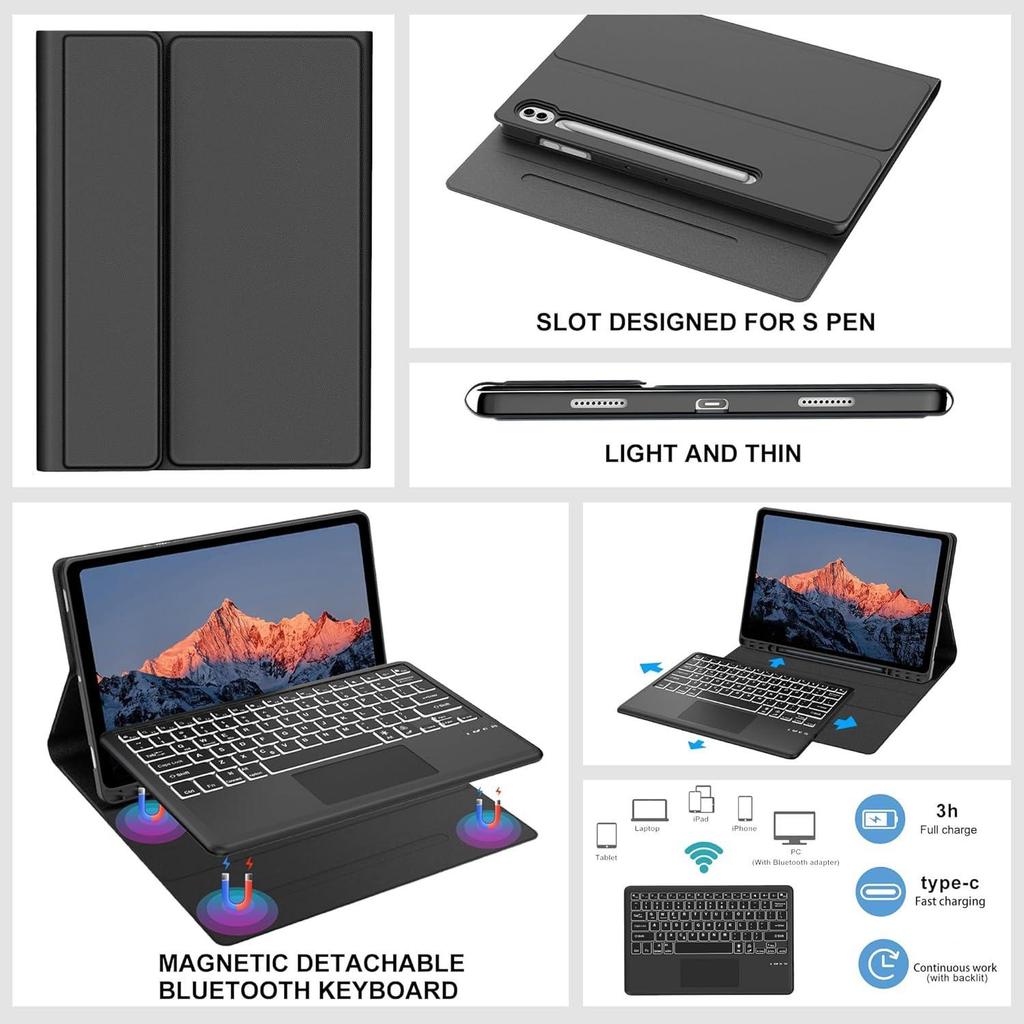 Планшет Samsung S9 FE Plus 12,4" с сенсорной клавиатурой с RGB-подсветкой и кожаным защитным чехлом