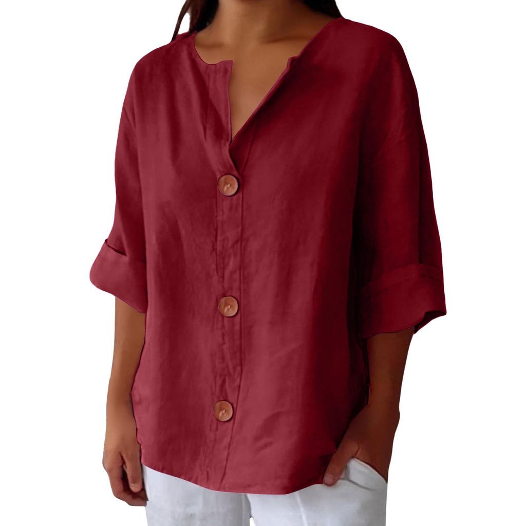 Women's Fashion Casual V-Neck Buttoned Seven-Point Sleeve Cotton T-Shirt Top