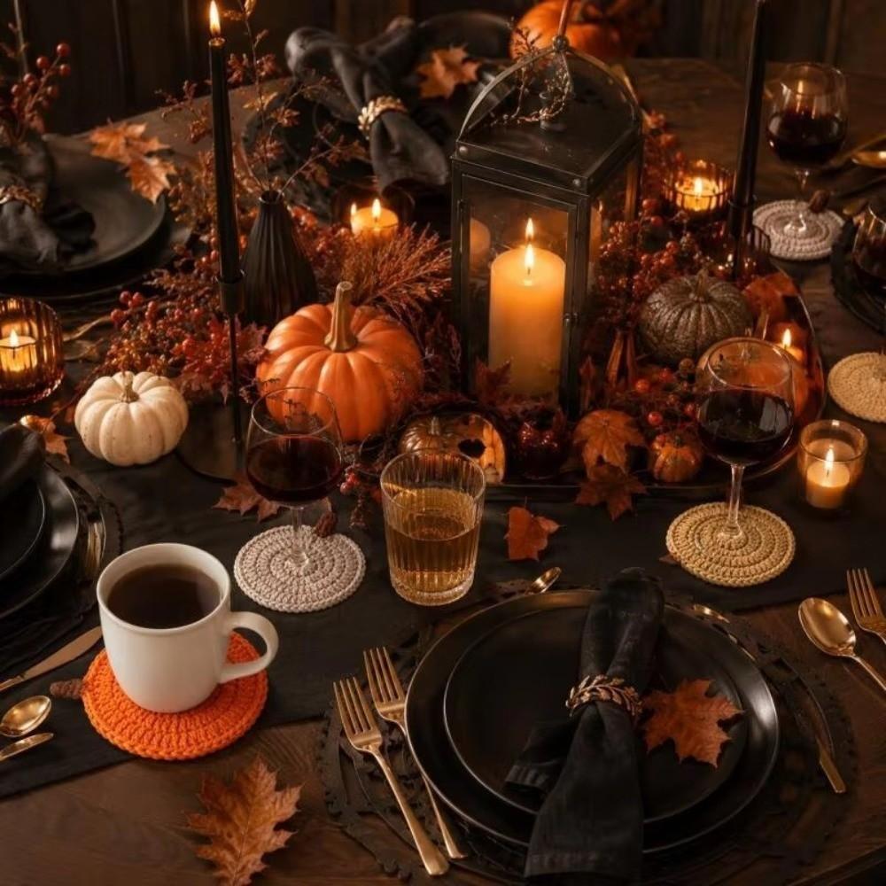 Crochet Pumpkin Coasters Halloween Coffee Mugs Mats Cute Knit Cup Mats Fall Table Decor