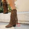 Women Western Cowboy Leopard Knee High Boots Pointed Toe Chunky High Heels Tassel Long Boots Woman Autumn Fringed Botas Shoes