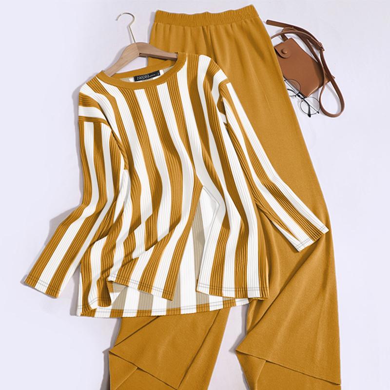 ZANZEA Женский осенний комплект из полосатой футболки с круглым вырезом и длинными рукавами и брюками