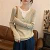 Мягкий восковой обманчивый свитер с V-образным вырезом из двух частей женский 2025 весна японский ленивый стиль с длинным рукавом внутренний топ вязаная базовая рубашка