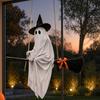 Whimsical Halloween Ghost Statue Hanging Decoration with Witch Hat and Broom, Spooky Flying Party Atmosphere Prop Ornament for Haunted House