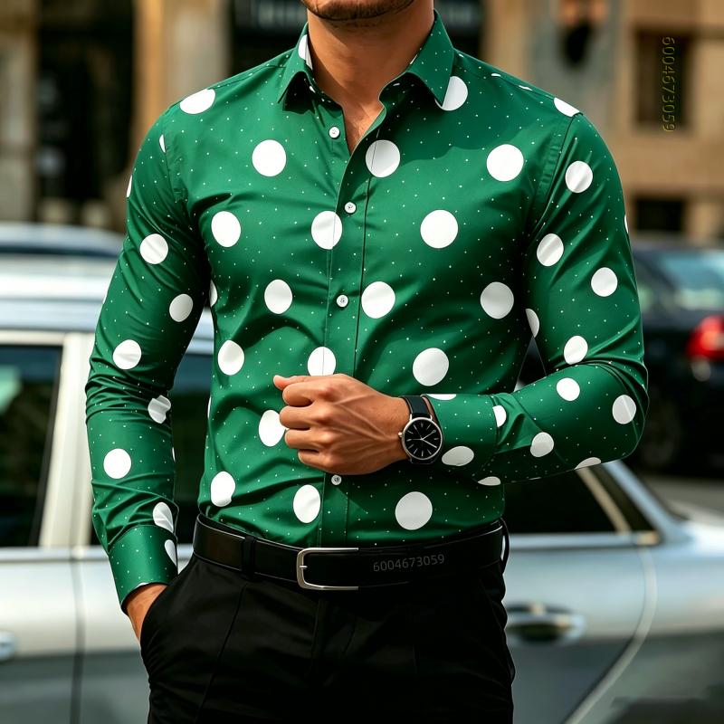 Мужская рубашка в горошек с длинным рукавом, приталенная, для стиля business casual, модный топ для активного отдыха