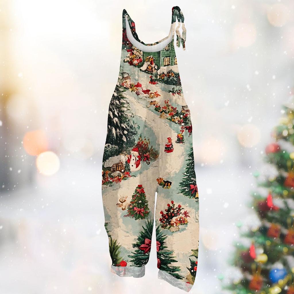 Женский комбинезон с рождественским принтом, повседневный свободный винтажный комбинезон из хлопка и льна