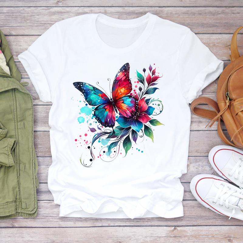 (Asian Size) Print Lady T Shirt Fashion Love Sweet Flower Cute Women Clothing Casual Top Short Sleeve Tee Female Graphic T-shirts