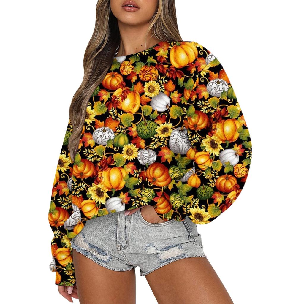 Свитшоты для женщин с длинным рукавом на Хэллоуин, повседневные, с круглым вырезом, свободные, пуловеры, свитшоты, топы