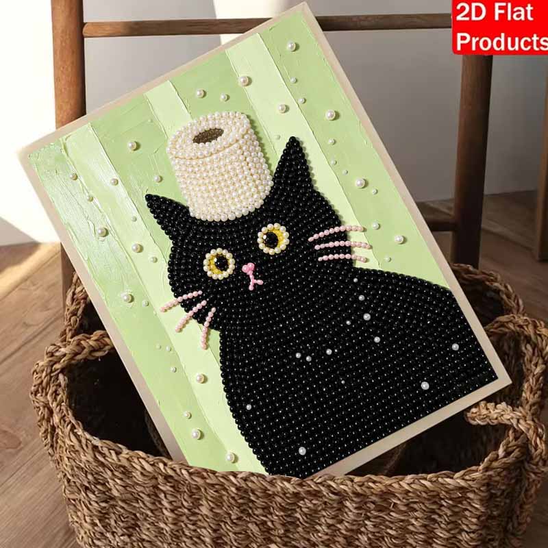 5D DIY Pearl Art Kit Black Cat With Toilet Paper Themed Decor. Home Wall Decoration
