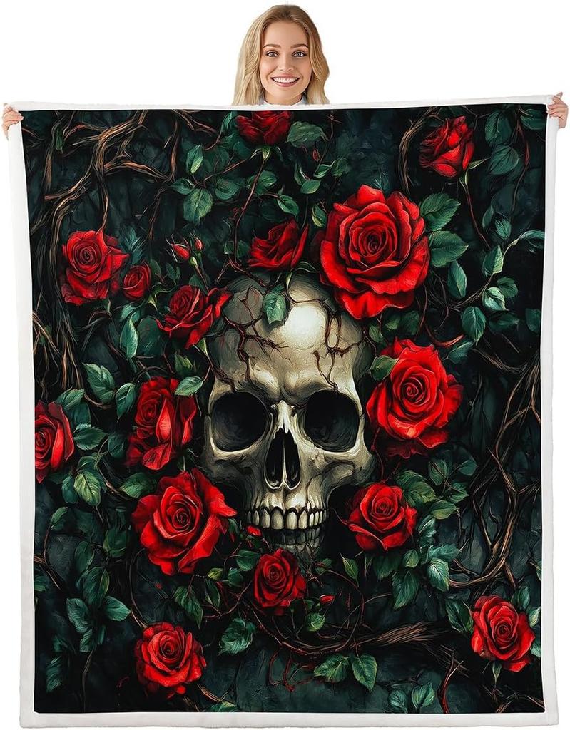 GUOYU Blanket Gothic Skull Fleece Blanket Baby Happy Halloween Sherpa Blanket Ghost Skull Goth Fuzzy Plush Throw for Adults Men WomenHorror