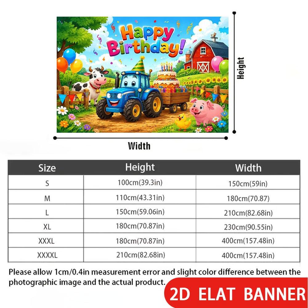 2D Flat Banner, Farm Tractor Theme Backdrop, Cows, Pigs, Cakes, Sunflowers, Polyester