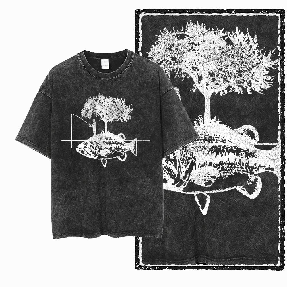 G Acid Washed Black Cool Cotton Fishing Printed Unisexs Tshirt Streetwear Big Size Oneck Unisexs Tee Tshirt