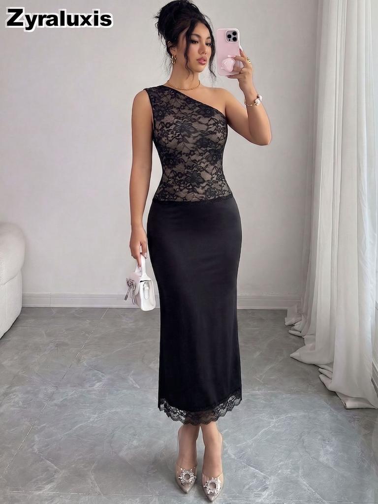 Летнее Новое Асимметричное Плечо Кружевная Пэчворк Облегающее Bodycon Мини-Платье Длинное