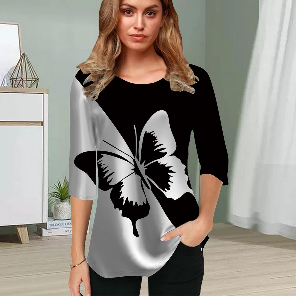 Женская блузка с 3D-принтом в виде бабочек, двухцветная, с цветочным принтом и короткими рукавами, летние повседневные топы, футболка с круглым вырезом и короткими рукавами