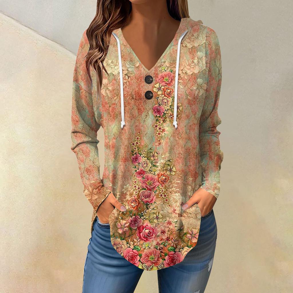 Женские повседневные модные однотонные толстовки с капюшоном на пуговицах и длинными рукавами с V-образным вырезом