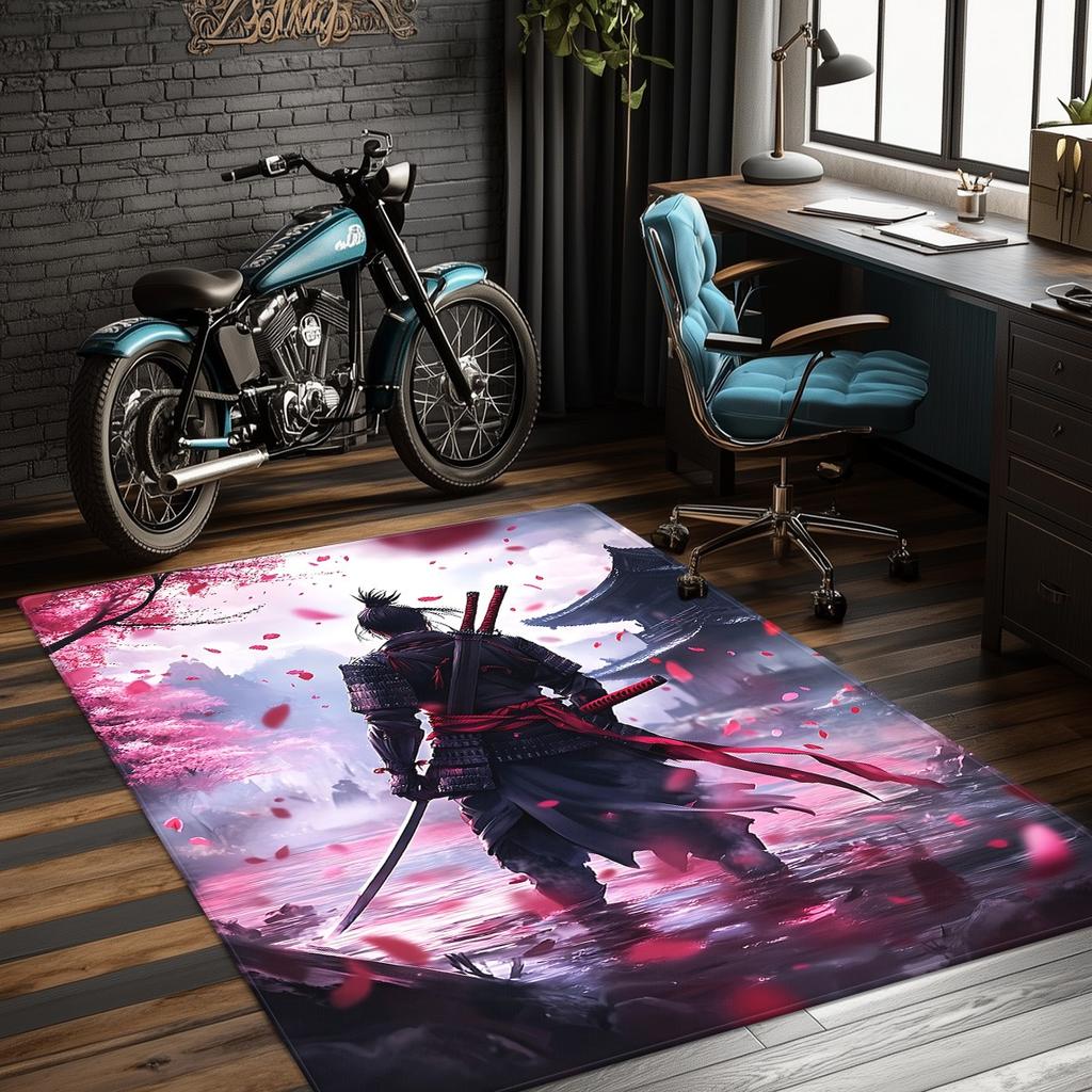 Samurai warrior cherry blossom anime rug gaming room decor crystal velvet carpet Japanese style fantasy art floor mat for office