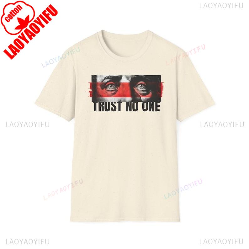 Trust No One W Bold Red Stripe on Face Unisex TShirt for MF Statement Tee Summer Cotton Women Men Regular Short Sleeve Tops