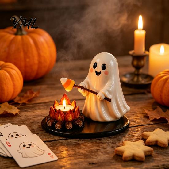 Unique Sculpture for Office Desk Halloween Campfire Tealight Holder, Mummy Ghost Scarecrow Resin Decorative Holder Wedding Candle Stand Desk,