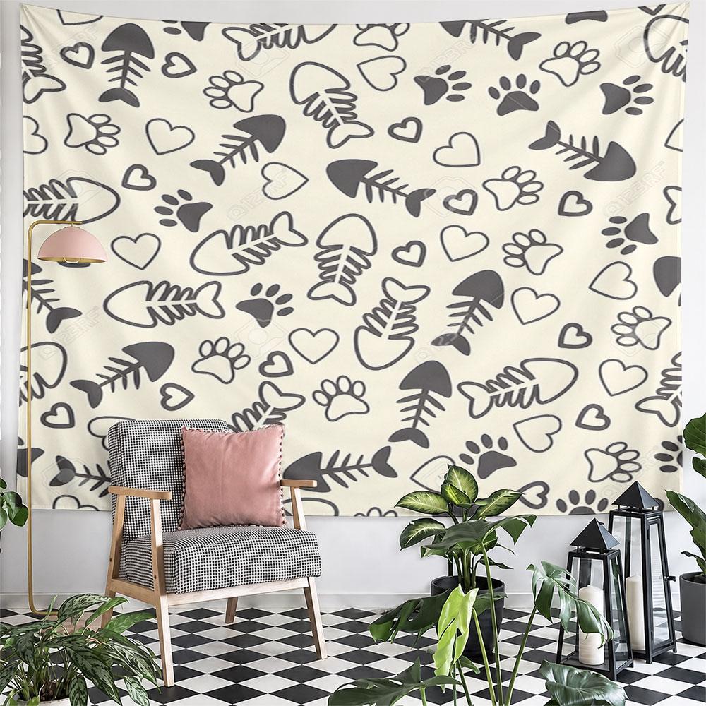 Fish Bones and Paw Prints Pattern Pattern Wall Hanging Tapestry Decorative Tapestry Home Decor for Bedroom and Living Room
