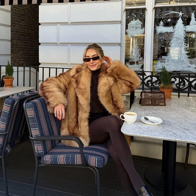 Womens Short Faux Fur Coat Winter Warm Outerwear With Collar Trimmed Lapel Elegant Casual Style
