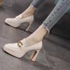 Fashion Spring Fashion High Heels Autumn New Women Chunky Platform Pumps British Style Woman Slip On Square Toe Office Lady Work Shoes