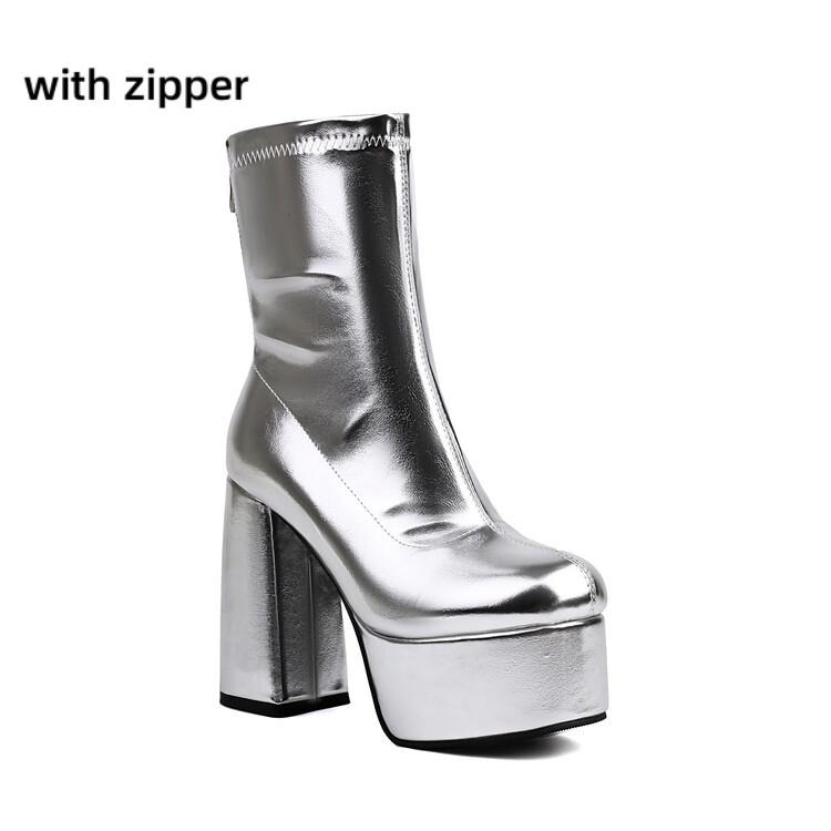 Short Stretch Boots for Women Super Thick High Heel Gold Shoes Silver Chunky Platform Winter Sexy Women Boots